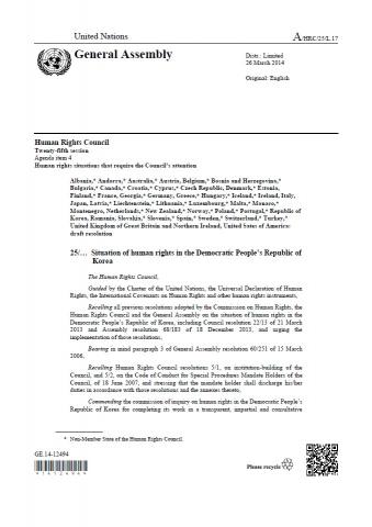 유엔 인권이사회 조선민주주의인민공화국 인권상황관련결의안 A/HRC/RES/25/25 채택 